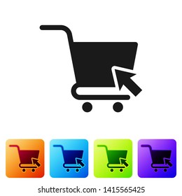 Black Shopping cart with cursor icon isolated on white background. Online buying concept. Delivery service sign. Supermarket basket symbol. Set icon in color square buttons. Vector Illustration