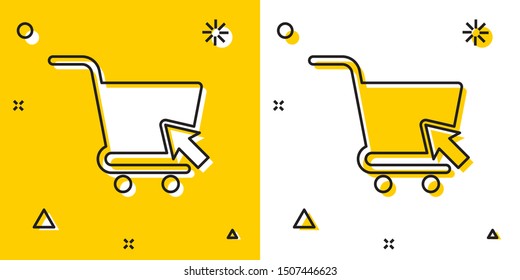 Black Shopping cart with cursor icon isolated on yellow and white background. Online buying concept. Delivery service sign. Supermarket basket symbol. Random dynamic shapes. Vector Illustration