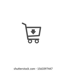 black shopping cart with down arrow sign. Simple icon isolated on white background. Store trolley. Flat vector Illustration. Good for web and mobile design.