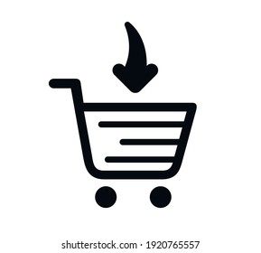 Black shopping cart with black down arrow sign. Simple icon isolated on white background.