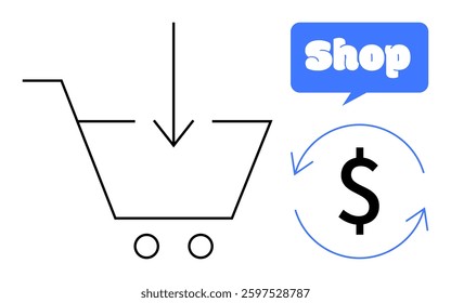 Black shopping cart with down arrow, dollar sign inside circular arrows, and a blue shop speech bubble. Ideal for e-commerce, retail, online purchases, marketing, financial transactions. Simple