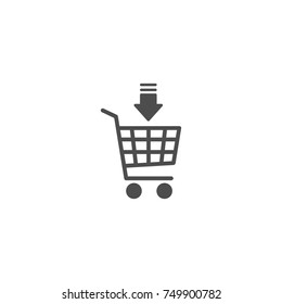 black shopping cart with black down arrow sign. Simple icon isolated on white background. Store trolley. Flat vector Illustration. Good for web and mobile design.