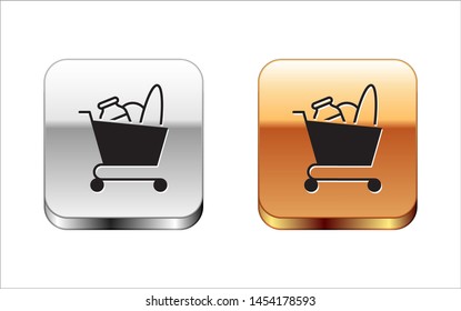 Black Shopping cart and food icon isolated on white background. Food store, supermarket. Silver-gold square button. Vector Illustration