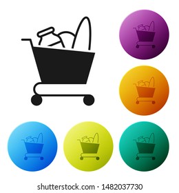 Black Shopping cart and food icon isolated on white background. Food store, supermarket. Set icons colorful circle buttons. Vector Illustration