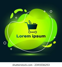 Black Shopping cart and food icon isolated on black background. Food store, supermarket. Abstract banner with liquid shapes. Vector Illustration