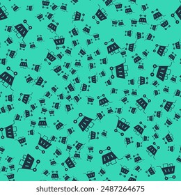 Black Shopping cart and food icon isolated seamless pattern on green background. Food store, supermarket.  Vector