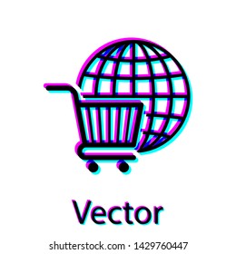Black Shopping cart with globe icon isolated on white background. Online buying concept. Global market concept. Supermarket basket symbol. Vector Illustration