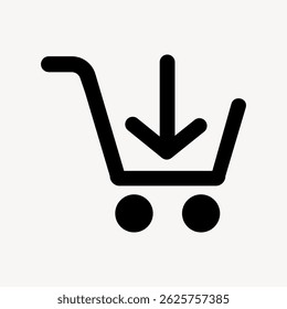 Black shopping cart icon with a downward arrow, symbolizing online shopping, e-commerce, and adding items to a cart. Simple and clear design for digital use. User interface icon vector.