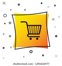 Black Shopping cart icon isolated on white background. Online buying concept. Delivery service sign. Supermarket basket symbol. Yellow square button. Vector Illustration