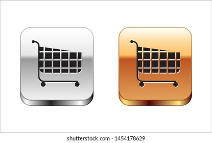 Black Shopping cart icon isolated on white background. Online buying concept. Delivery service sign. Supermarket basket symbol. Silver-gold square button. Vector Illustration
