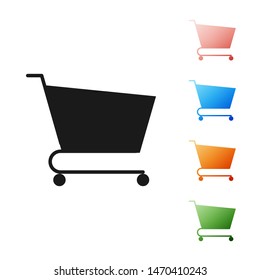 Black Shopping cart icon isolated on white background. Online buying concept. Delivery service sign. Supermarket basket symbol. Set icons colorful. Vector Illustration Black Shopping cart icon isolated on white background. Online buying concept. Delivery service sign. Supermarket basket symbol. Set icons colorful. Vector Illustration
