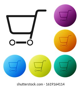 Black Shopping cart icon isolated on white background. Online buying concept. Delivery service sign. Supermarket basket symbol. Set icons colorful circle buttons. Vector Illustration