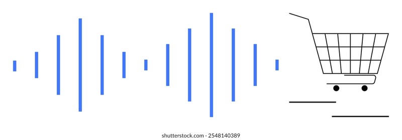 Black shopping cart next to blue sound waves suggesting audio-commerce integration. Ideal for e-commerce, technology, shopping, online retail, and audio marketing. Simple, clean, modern style