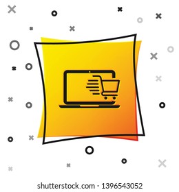 Black Shopping cart on screen laptop icon isolated on white background. Concept e-commerce, e-business, online business marketing. Yellow square button. Vector Illustration