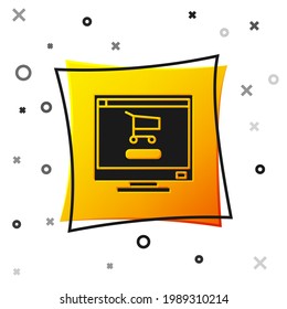 Black Shopping cart on screen computer icon isolated on white background. Concept e-commerce, e-business, online business marketing. Yellow square button. Vector Illustration