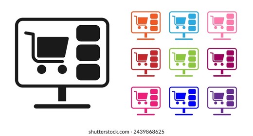 Black Shopping cart on screen computer icon isolated on white background. Concept e-commerce, e-business, online business marketing. Set icons colorful. Vector