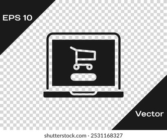 Carrito de compras negro en el icono del ordenador portátil de la pantalla aislado en fondo transparente. Concepto de comercio electrónico, comercio electrónico, marketing de negocios en línea.  Ilustración vectorial