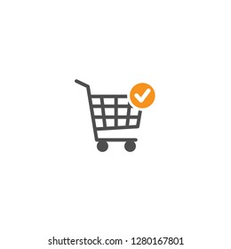 Black shopping cart with orange tick sign button. Simple icon isolated on white background. Store trolley with wheels. Flat vector Illustration. Good for web and mobile design.