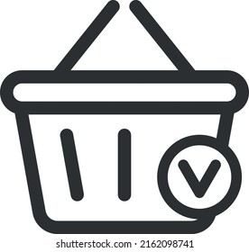 Black shopping cart with tick  approval check icon. Simple flat isolated vector.