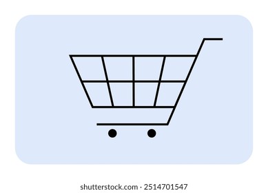 Black shopping cart with two wheels on a light blue rectangle with rounded corners. Ideal for e-commerce, online shopping, retail stores, grocery delivery, and cart functionality themes.