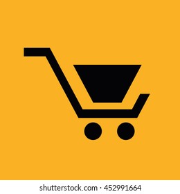 Black shopping cart vector icon. Yellow background