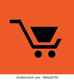 Black shopping cart vector icon. Orange background