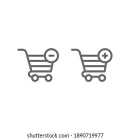schwarze Einkaufswagen mit Plus und Minus. flache Symbole einzeln auf Weiß.  Vektorgrafik. Laden Sie Trolleys zum Kauf. einfaches Piktogramm 