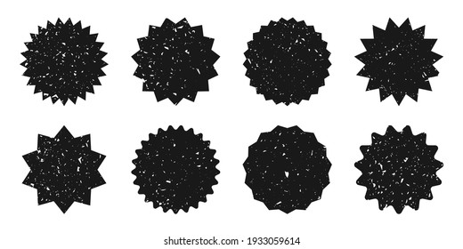 Etiquetas de compras negras con textura gruesa. Venta de cosecha o descuento. Precio de oferta especial. Tarjeta promocional de supermercado. Icono de la explosión de sol del vector.