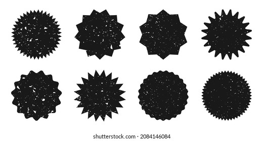 Black shopping labels with grunge texture. Vintage sale or discount sticker. Special offer price tag. Supermarket promotional badge. Vector sunburst icon.