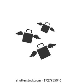 black shopping paper bags with wings. flat icon isolated on white.  vector illustration. Stylish package for purchase. Fast delivery, express. Sales, discount.