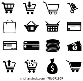Black shopping and payment vector icons collection on white background