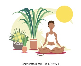 Black  short haired woman, practicing in the lotus pose near potted plants. Healthy lifestyle and yoga concept. Flat cartoon vector illustration for meditation, Yoga Day. Isolated on white background.