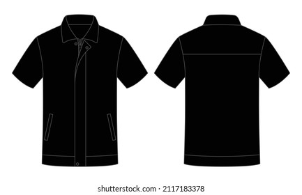 Black Short Sleeve Factory Uniform Shirt With Hidden Zipper Template On White Background.Front and Back View, Vector File.