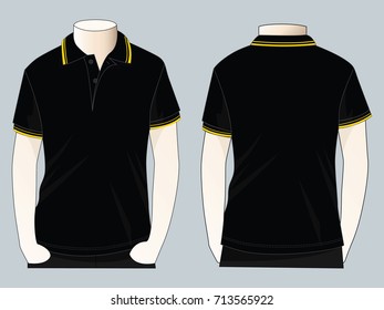 Black Short Sleeve Polo Shirt with Double Yellow Line on Collar and Cuff Sleeve Design On Gray Background.Front and Back View.