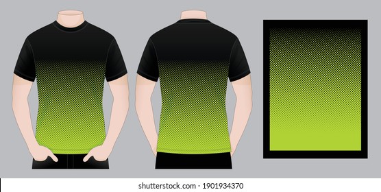 Black Short Sleeve T-Shirt With Lime Dots Halftone Line Pattern on Black Background, Vector File