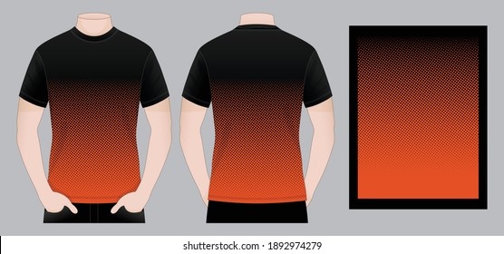 Black Short Sleeve T-Shirt With Orange Dots Halftone Line Pattern on Black Background, Vector File