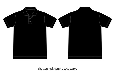 Black Short Sleeves Polo Shirt Template on White Background. Front and Back Views, Vector File.