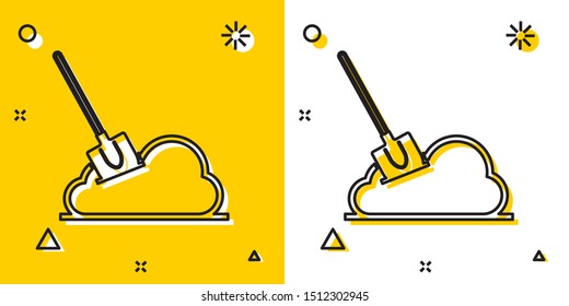 Black Shovel in the ground icon isolated on yellow and white background. Gardening tool. Tool for horticulture, agriculture, farming. Random dynamic shapes. Vector Illustration