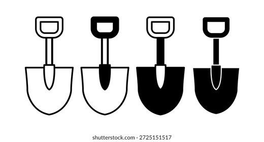 Black shovel icon bundle representing digging tools for gardening, construction, and outdoor maintenance. Suitable for landscaping and agriculture visuals.