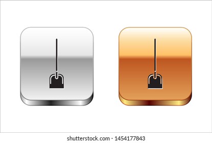Black Shovel icon isolated on white background. Gardening tool. Tool for horticulture, agriculture, farming. Silver-gold square button. Vector Illustration