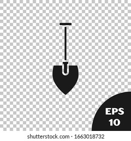 Black Shovel icon isolated on transparent background. Gardening tool. Tool for horticulture, agriculture, farming.  Vector Illustration