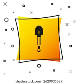 Black Shovel icon isolated on white background. Gardening tool. Tool for horticulture, agriculture, farming. Yellow square button. Vector