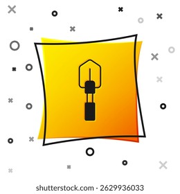 Black Shovel icon isolated on white background. Gardening tool. Tool for horticulture, agriculture, farming. Yellow square button. Vector