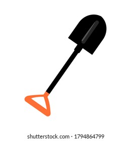 Black shovel with orange handle for hiking and travel. Vector illustration.