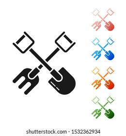 Black Shovel and rake icon isolated on white background. Tool for horticulture, agriculture, gardening, farming. Ground cultivator. Set icons colorful. Vector Illustration
