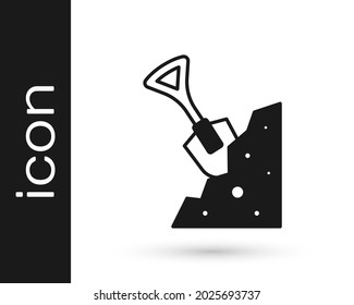 Black Shovel and stone icon isolated on white background. Gardening tool. Tool for horticulture, agriculture, farming.  Vector
