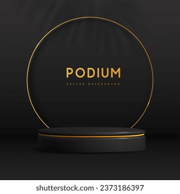 Black showcase background with 3d podium and golden texture.  Black friday. Vector illustration