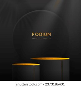 Black showcase background with 3d podium and golden texture.  Black friday. Vector illustration