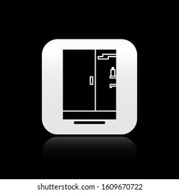 Black Shower cabin icon isolated on black background. Silver square button. Vector Illustration