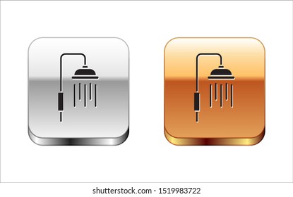 Black Shower head with water drops flowing icon isolated on white background. Silver-gold square button. Vector Illustration